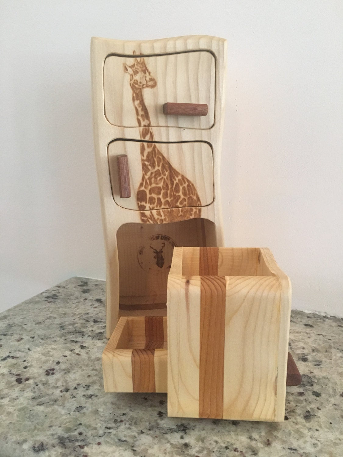 Solid Wood Box W/Drawers - Giraffe, Jewelry Box, Handcrafted, Custom Box, Personalized Box, Handmade, Home Decor, Engraved, Stash Box