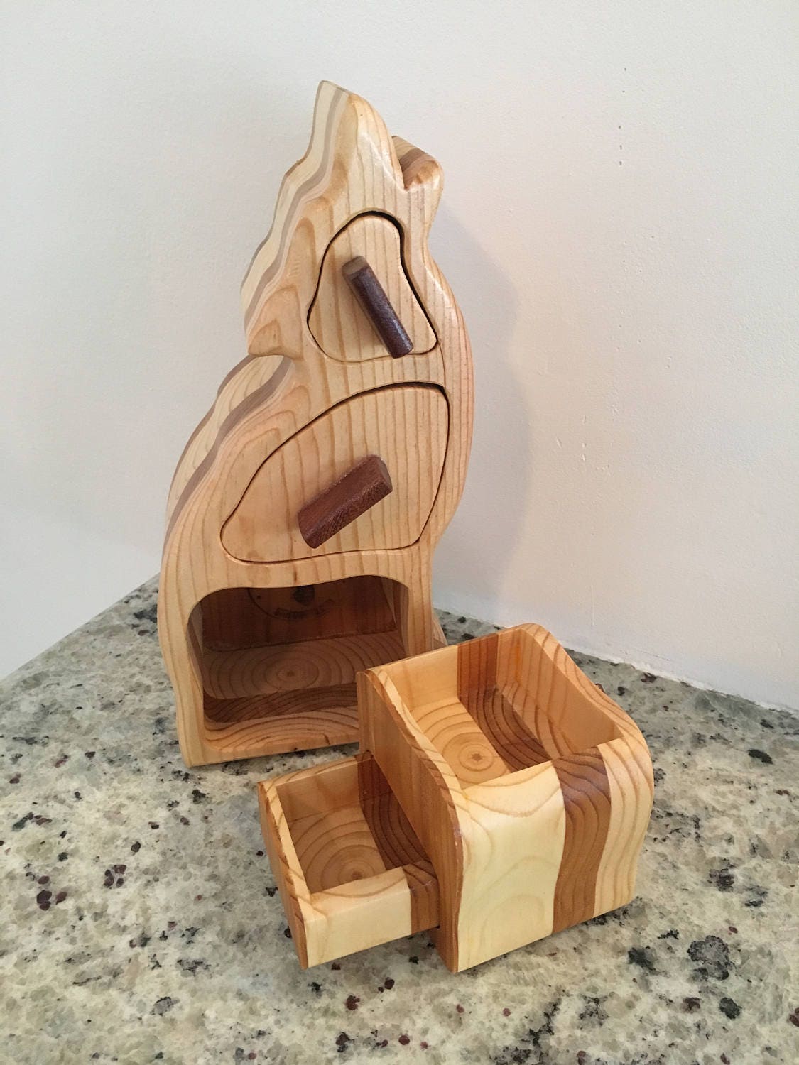 Solid Wood Box w/Drawers - Wolf, Jewelry Box, Handcrafted, Custom Box, Personalized Box, Handmade, Box, Home Decor, Engraved, Stash Box