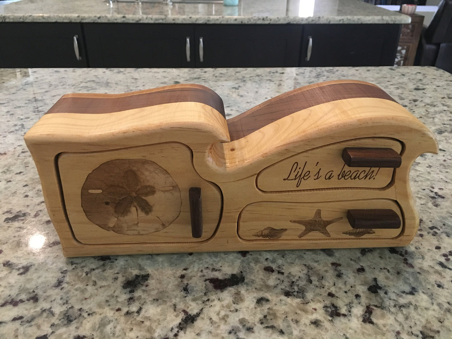 Solid Wood Box W/Drawers - Life's A Beach Wave, Jewelry Box, Handcrafted, Custom Box, Personalized Box, Handmade, Engraved, Stash Box