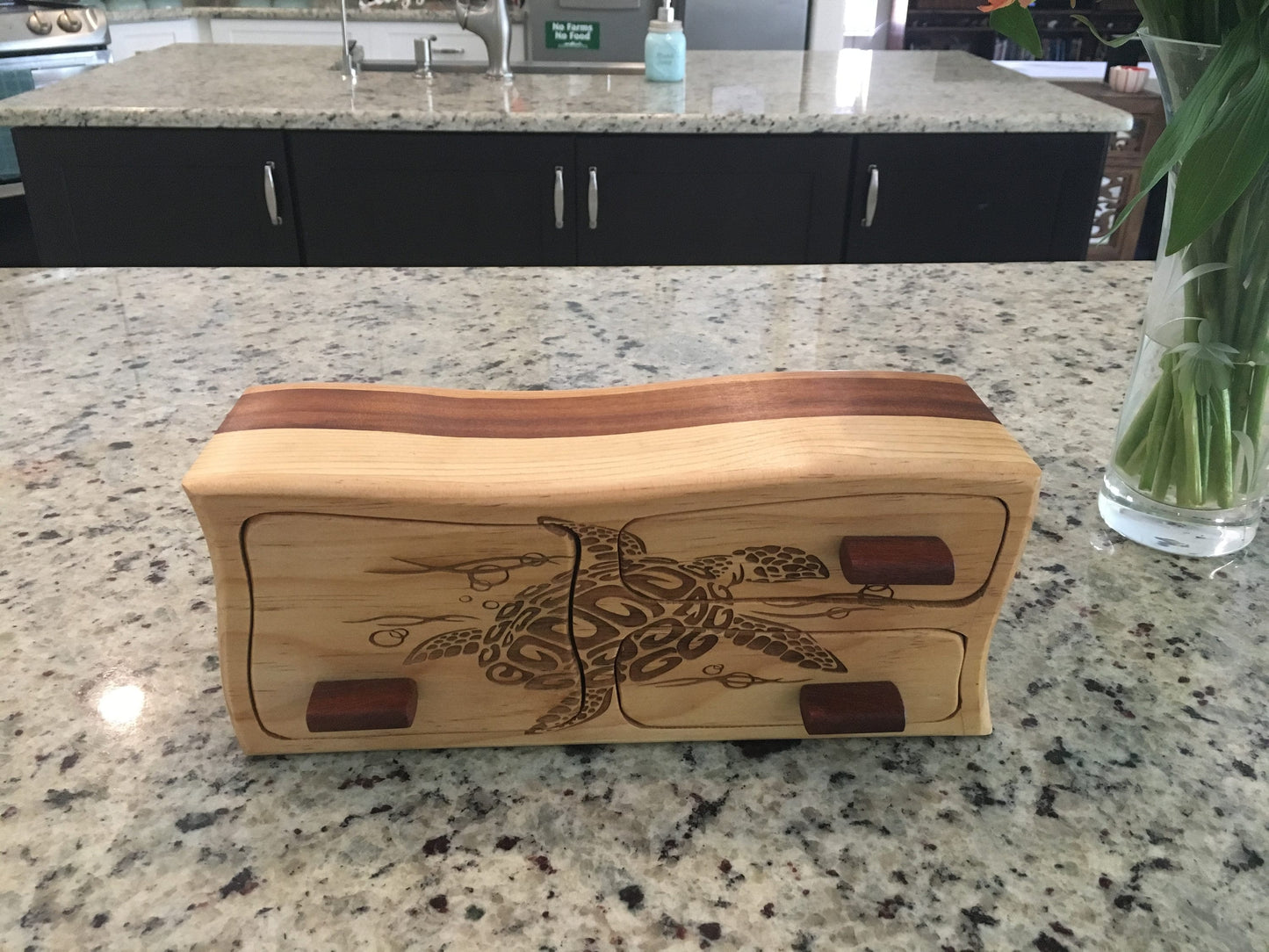 Solid Wood Box W/Drawers - Tribal Turtle, Jewelry Box, Handcrafted, Custom Box, Personalized Box, Handmade, Box, Engraved, Stash Box