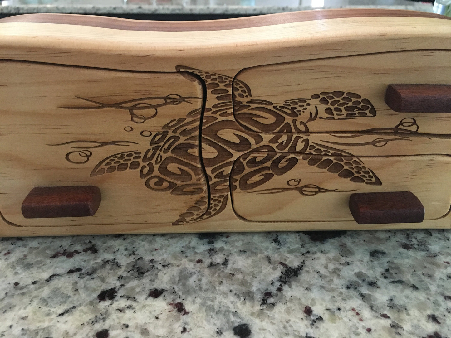 Solid Wood Box W/Drawers - Tribal Turtle, Jewelry Box, Handcrafted, Custom Box, Personalized Box, Handmade, Box, Engraved, Stash Box
