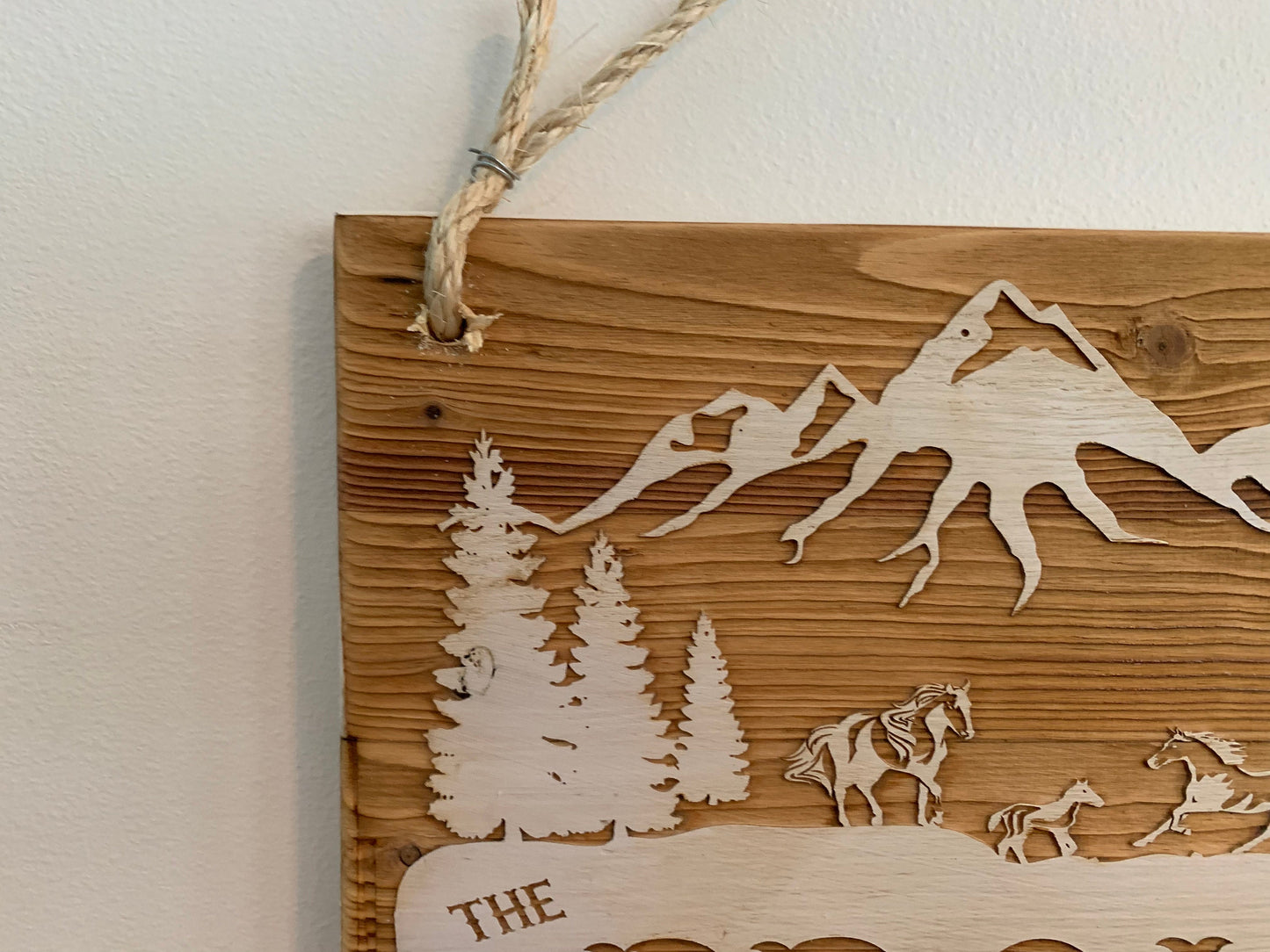 Wall Plaque, Mountain Scene, Horses, Painted Background,  Laser engraved on recycled pallet wood, personalized for you.