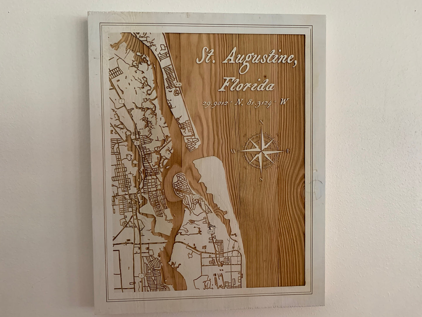 Map Engraved, St Augustine, Custom Engraving, Wood Wall Art, Laser Engraved, Topographic, Wall Art, Custom Gift, 16 x 11.25 inches approx