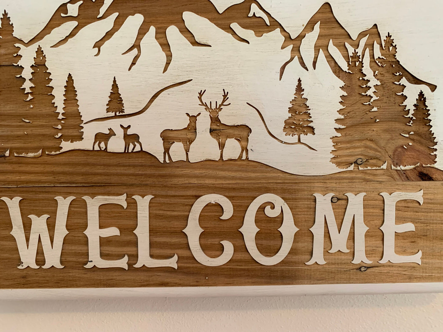 Wall Plaque, Deer Mountain Scene Name or Message Sign, Painted Background, Laser engraved on recycled pallet wood