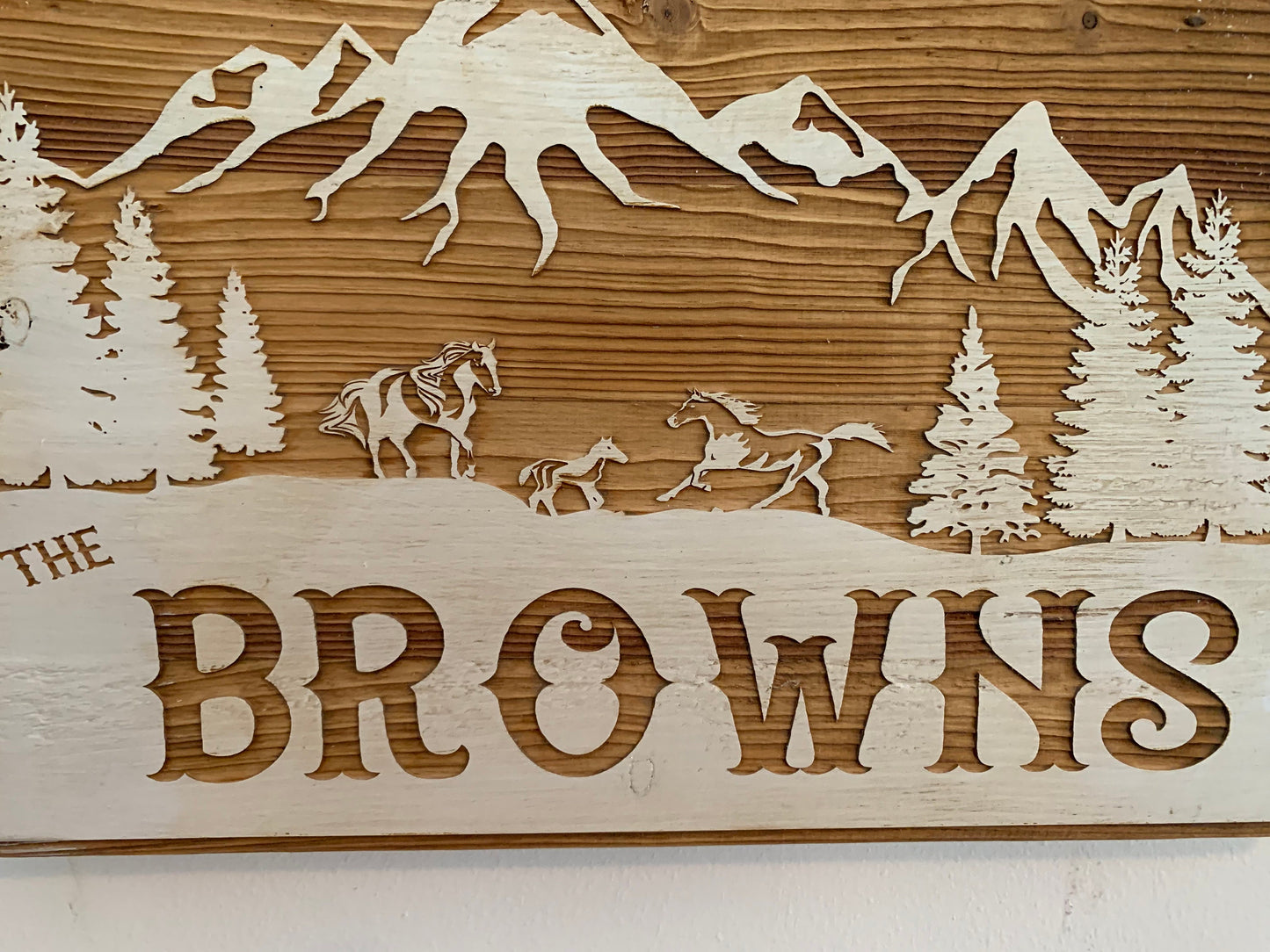 Wall Plaque, Mountain Scene, Horses, Painted Background,  Laser engraved on recycled pallet wood, personalized for you.
