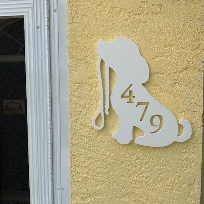 House Number Plaque - Puppy W/Leash, Address Plaque, Custom, Personalized, Housewarming Gift, Outdoor Decor, Ships Free To Mainland USA