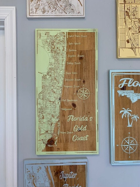 Map Engraved - Florida's Gold Coast, Custom Engraving, Wood Wall Art, Laser Engraved, Topographic, Custom Map, Custom Gift, 23.5 x 11 inches