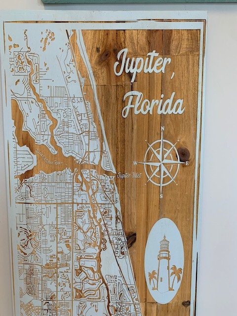 Map Engraved - Jupiter Florida, Custom Engraving, Wood Wall Art, Laser Engraved, Topographic, Wall Art, Custom Gift, 24 x 12 inches approx