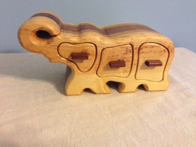 Solid Wood Box w/Drawers - Elephant, Jewelry Box, Handcrafted, Custom Box, Personalized Box, Handmade, Home Decor, Engraved, Stash Box