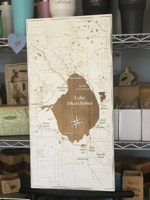 Map Engraved - Lake Okeechobee, Florida, Custom Engraving, Wood Wall Art, Laser Engraved, Custom Map, Custom Gift, 24 x 12 inches approx