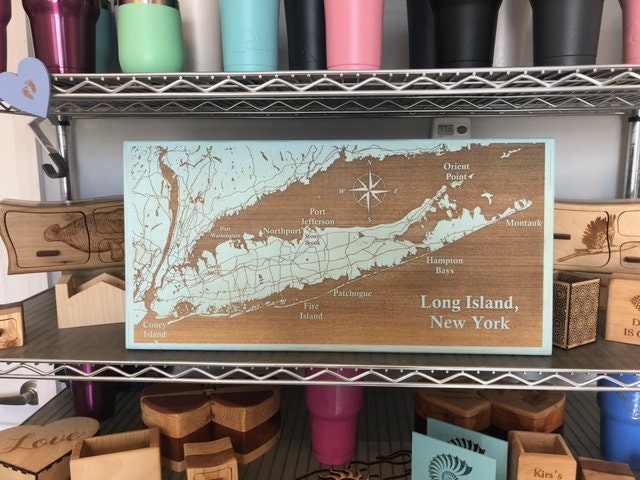 Map Engraved - Long Island, Custom Engraving, Wood Wall Art, Laser Engraved, Topographic, Wall Art, Custom Gift, 24 x 12 inches approx