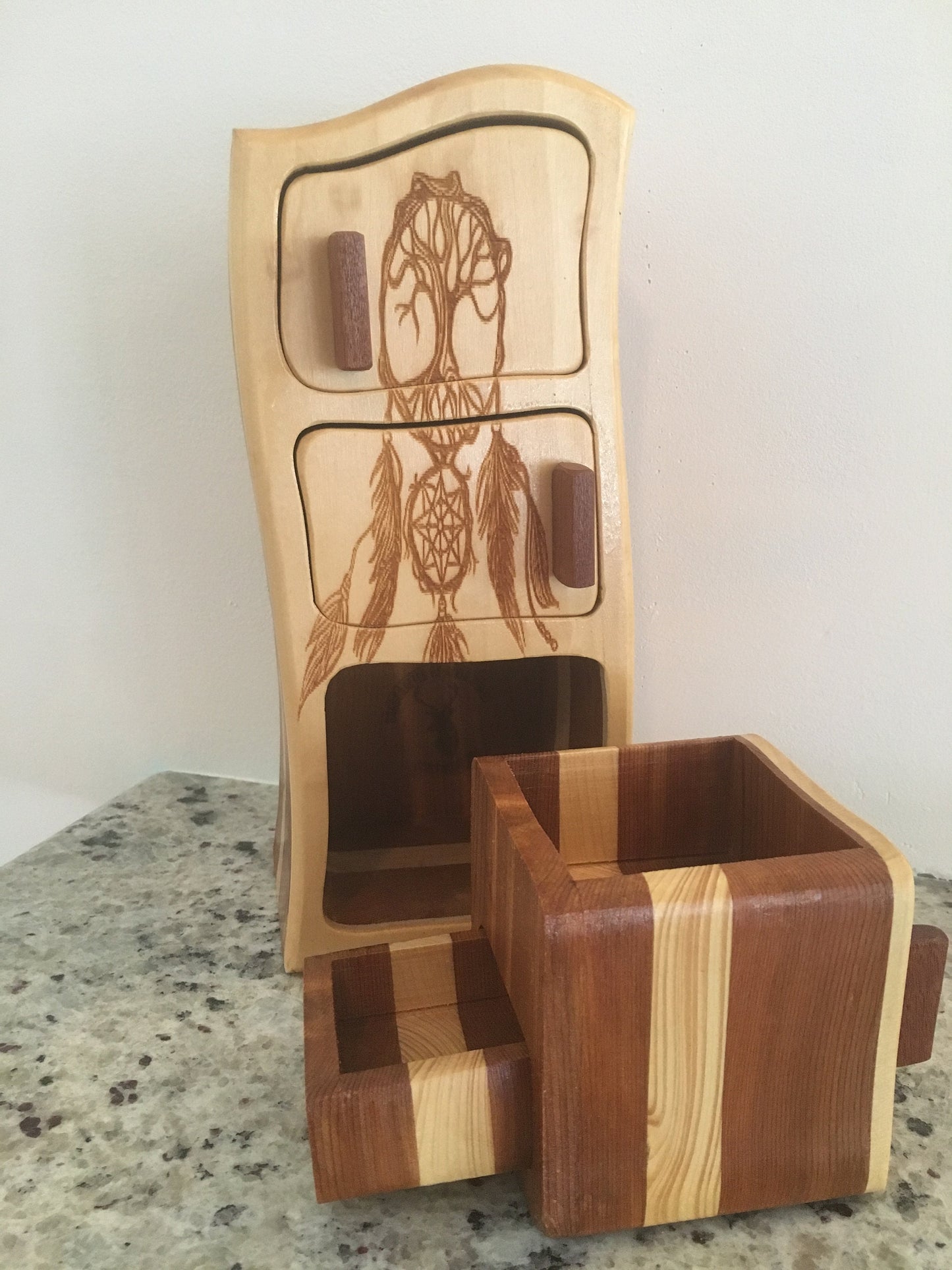 Solid Wood Box W/Drawers - Dreamcatcher, Jewelry Box, Handcrafted, Custom Box, Personalized Box, Handmade, Box, Stash Box