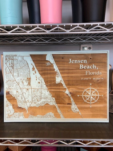 Map Engraved - Jensen Beach, Florida. Custom Engraving, Wood Wall Art, Laser Engraved, Topographic, Custom Map, Custom Gift 18 x 12 inches