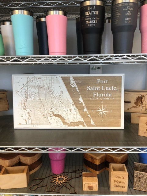 Map Engraved - Port St. Lucie, Florida, Custom Engraving, Wood Wall Art, Laser Engraved, Wall Art, Custom Gift, 24 x 12 inches approx