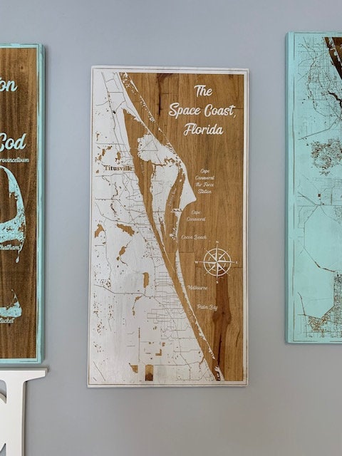 Map Engraved - Space Coast, Florida, Custom Engraving, Wood Wall Art, Laser Engraved, Wall Art, Custom Gift, 24 x 12 inches approx