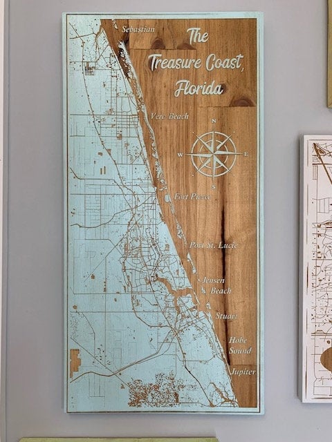 Map Engraved - Treasure Coast, Custom Engraving, Wood Wall Art, Laser Engraved, Topographic, Wall Art, Custom Gift, 24 x 12 inches approx