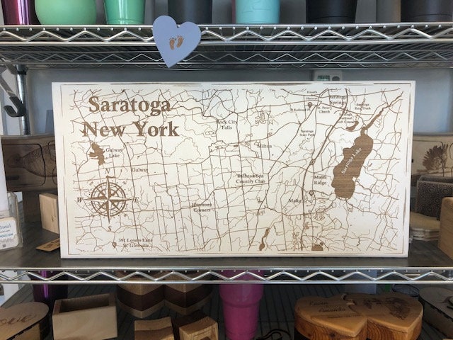 Map Engraved - Saratoga, New York - Custom Engraving, Wood Wall Art, Laser Engraved, Wall Art, Custom Gift, 24 x 12 inches approx