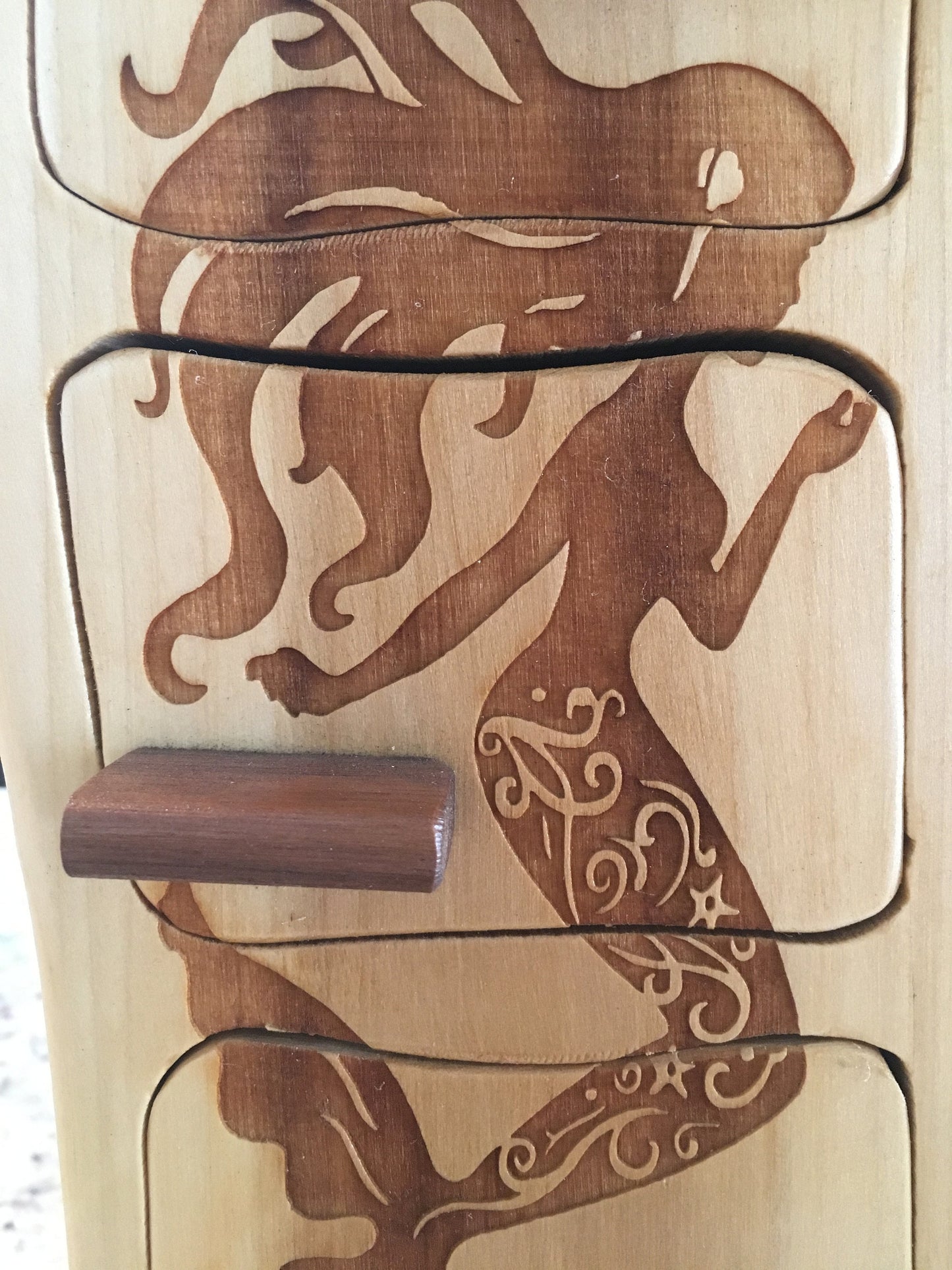 Solid Wood Box W/Drawers - Mermaid with Long Hair, Jewelry Box, Handcrafted, Custom Box, Personalized Box, Handmade, Engraved, Stash Box