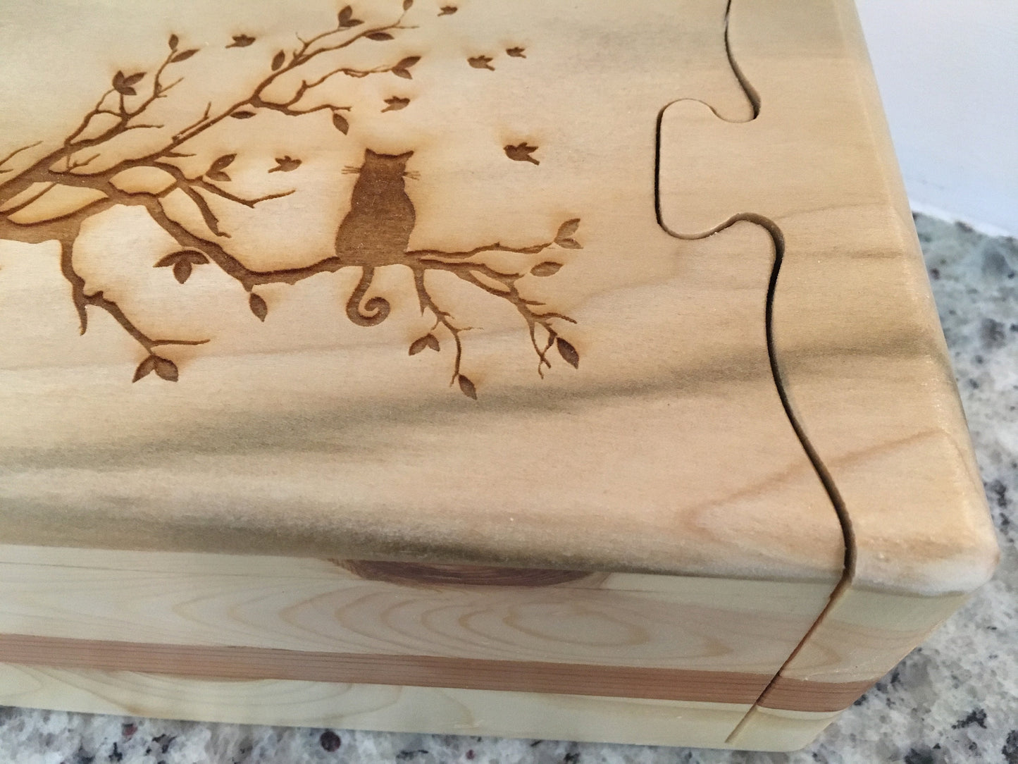 Solid Wood Puzzle Box - Cat in Tree, Wooden Box, Jewelry Box, Handcrafted, Custom Box, Personalized Box, Handmade, Box, Engraved, Stash Box