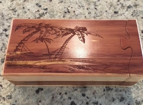 Solid Wood Puzzle Box - Palm Tree Hammock, Wooden Box, Jewelry Box, Handcrafted, Custom Box, Personalized Box, Handmade, Engraved, Stash Box