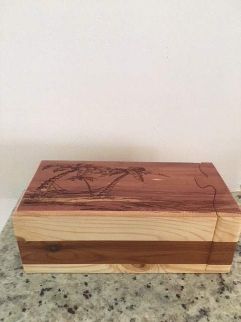 Solid Wood Puzzle Box - Palm Tree Hammock, Wooden Box, Jewelry Box, Handcrafted, Custom Box, Personalized Box, Handmade, Engraved, Stash Box
